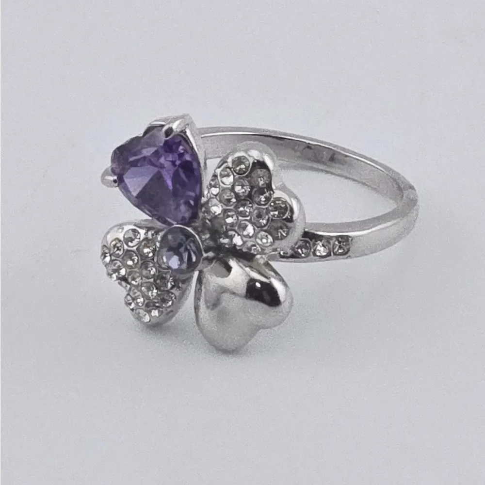 Silver and Purple Heart Clover Ring 9